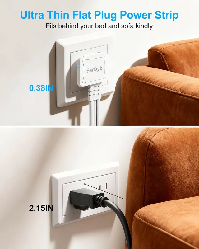 Alt view image 4 of 7 - 12-Outlet Split Extension Cord, 10FT Flat Plug Power Strip (5FT on Each Side), Ultra-Thin Flat Extension Cord for Home Office Dorm Desk, ETL Listed