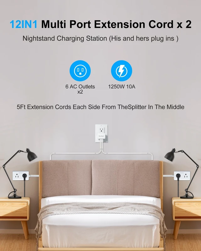 Alt view image 3 of 7 - 12-Outlet Split Extension Cord, 10FT Flat Plug Power Strip (5FT on Each Side), Ultra-Thin Flat Extension Cord for Home Office Dorm Desk, ETL Listed