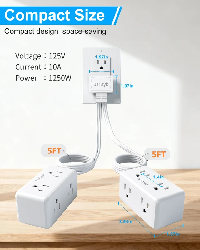 Alt view image 7 of 7 - 12-Outlet Split Extension Cord, 10FT Flat Plug Power Strip (5FT on Each Side), Ultra-Thin Flat Extension Cord for Home Office Dorm Desk, ETL Listed