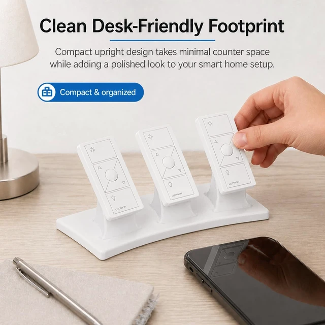 Alt view image 3 of 7 - Remote Stand Pedestal for Lutron Pico Remote, Elegant Slide & Click Desk Display Holder, Non-Slip Scratch Resistant Base, Lutron Caseta Remote Stand (Crescent Pedestal, White)