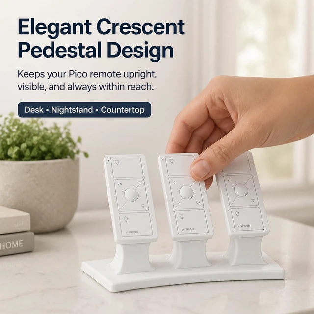 Alt view image 5 of 7 - Remote Stand Pedestal for Lutron Pico Remote, Elegant Slide & Click Desk Display Holder, Non-Slip Scratch Resistant Base, Lutron Caseta Remote Stand (Crescent Pedestal, White)