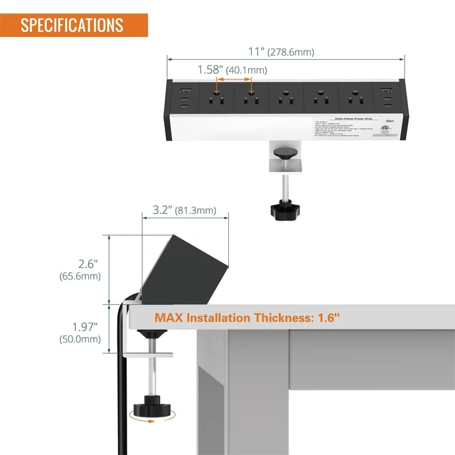 Alt view image 2 of 5 - Desk Clamp Power Strip 5 Outlet with 2 USB A and 4 USB C Ports, 6 ft Cord, Desk Outlet Station Fit 1.6" Tabletop Edge, Over Loading Protection, ETL Listed, Black(SKU# 13150111)