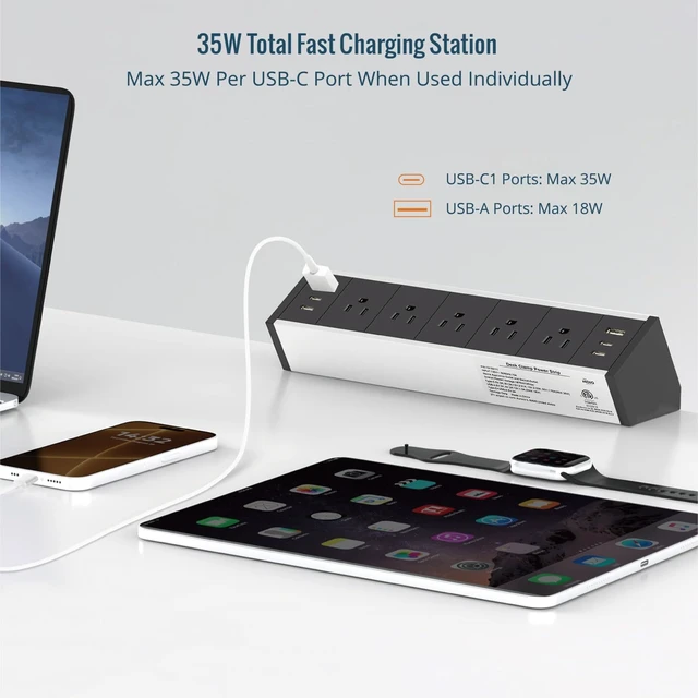 Alt view image 3 of 5 - Desk Clamp Power Strip 5 Outlet with 2 USB A and 4 USB C Ports, 6 ft Cord, Desk Outlet Station Fit 1.6" Tabletop Edge, Over Loading Protection, ETL Listed, Black(SKU# 13150111)