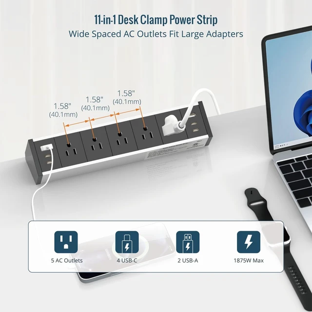Alt view image 4 of 5 - Desk Clamp Power Strip 5 Outlet with 2 USB A and 4 USB C Ports, 6 ft Cord, Desk Outlet Station Fit 1.6" Tabletop Edge, Over Loading Protection, ETL Listed, Black(SKU# 13150111)
