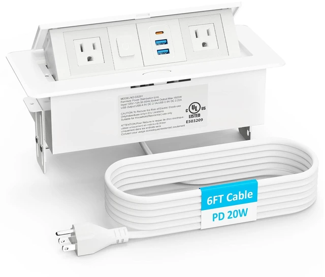 Main image of Recessed Power Strip with 2 AC, 2 USB-A, USB-C Ports, Pop Up Power Outlet with PD 20W USB C Fast Charger, Receptacle Outlet with Switch and 6FT Cord for Conference Office Countertop UL Listed,White