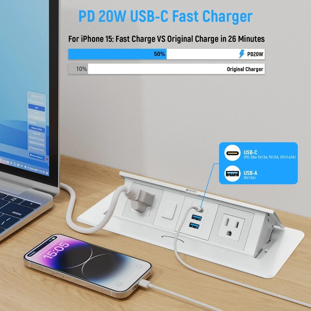 Alt view image 2 of 7 - Recessed Power Strip with 2 AC, 2 USB-A, USB-C Ports, Pop Up Power Outlet with PD 20W USB C Fast Charger, Receptacle Outlet with Switch and 6FT Cord for Conference Office Countertop UL Listed,White