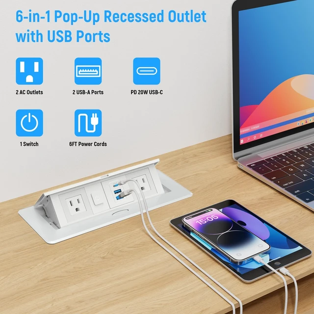 Alt view image 3 of 7 - Recessed Power Strip with 2 AC, 2 USB-A, USB-C Ports, Pop Up Power Outlet with PD 20W USB C Fast Charger, Receptacle Outlet with Switch and 6FT Cord for Conference Office Countertop UL Listed,White