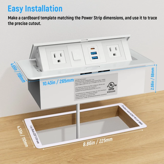Alt view image 4 of 7 - Recessed Power Strip with 2 AC, 2 USB-A, USB-C Ports, Pop Up Power Outlet with PD 20W USB C Fast Charger, Receptacle Outlet with Switch and 6FT Cord for Conference Office Countertop UL Listed,White