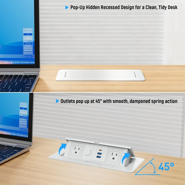 Alt view image 5 of 7 - Recessed Power Strip with 2 AC, 2 USB-A, USB-C Ports, Pop Up Power Outlet with PD 20W USB C Fast Charger, Receptacle Outlet with Switch and 6FT Cord for Conference Office Countertop UL Listed,White