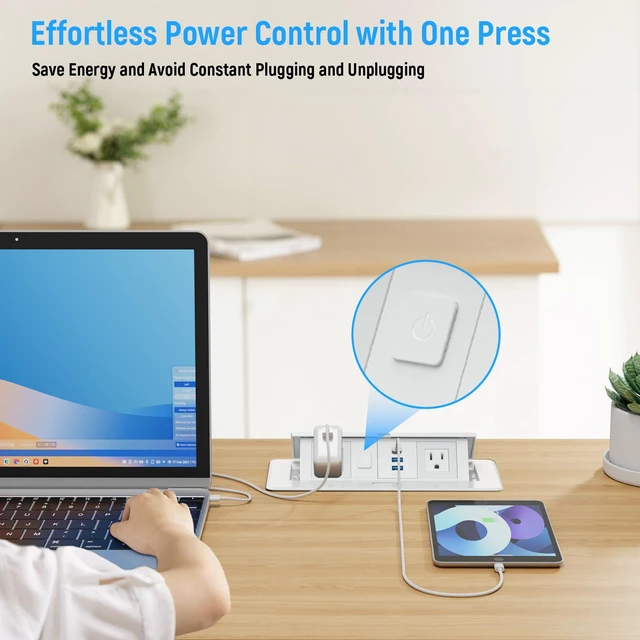 Alt view image 6 of 7 - Recessed Power Strip with 2 AC, 2 USB-A, USB-C Ports, Pop Up Power Outlet with PD 20W USB C Fast Charger, Receptacle Outlet with Switch and 6FT Cord for Conference Office Countertop UL Listed,White