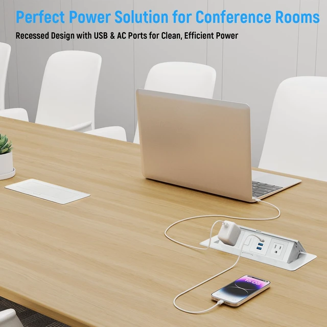 Alt view image 7 of 7 - Recessed Power Strip with 2 AC, 2 USB-A, USB-C Ports, Pop Up Power Outlet with PD 20W USB C Fast Charger, Receptacle Outlet with Switch and 6FT Cord for Conference Office Countertop UL Listed,White