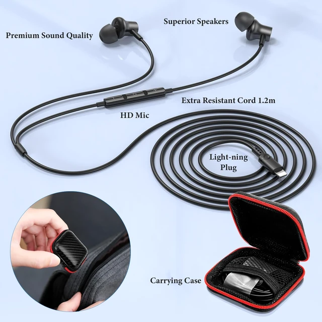 Alt view image 7 of 7 - MFi-Certified Wired Headphones for Apple iPhone 14 13 Pro Gunmetal Lighting Earbuds for iPhone 12 Pro 11 XS Max XS SE 7 8 Plus Earphones Built-in Microphone Volume Control Magnetic Headsets