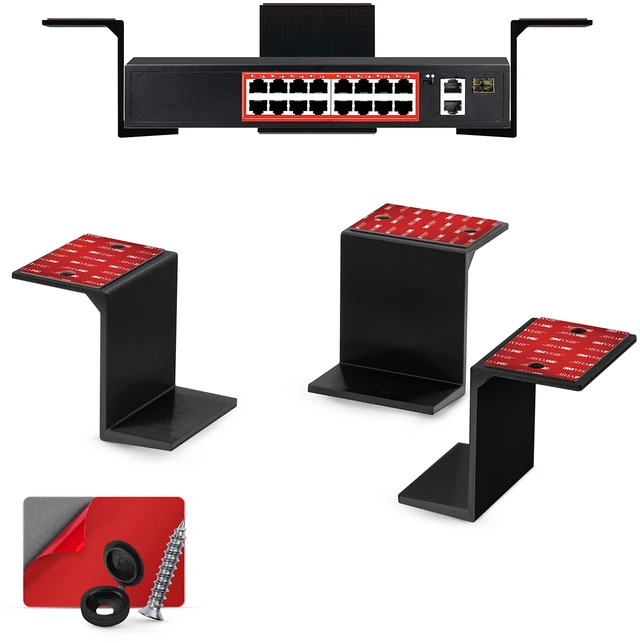 Main image of 3 Under Desk Laptop & Device Holder Mount, Adhesive & Screw in, Devices Upto 3" - Small Computers Laptops MacBook Surface Keyboard Routers Modems Cable Box Network Switch & More (Black)