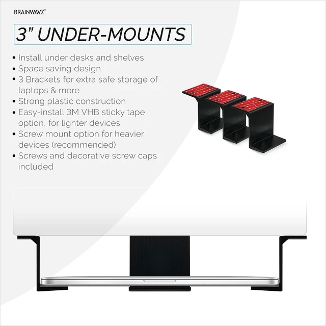 Alt view image 3 of 7 - 3 Under Desk Laptop & Device Holder Mount, Adhesive & Screw in, Devices Upto 3" - Small Computers Laptops MacBook Surface Keyboard Routers Modems Cable Box Network Switch & More (Black)