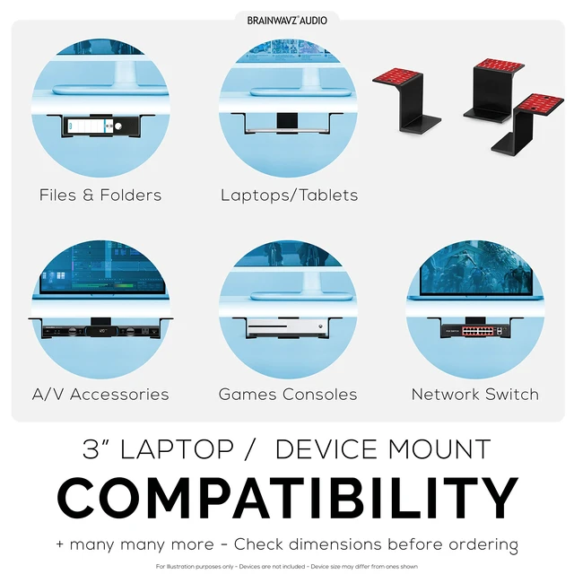 Alt view image 7 of 7 - 3 Under Desk Laptop & Device Holder Mount, Adhesive & Screw in, Devices Upto 3" - Small Computers Laptops MacBook Surface Keyboard Routers Modems Cable Box Network Switch & More (Black)