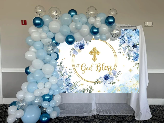 Alt view image 2 of 7 - 8x6ft God Bless Backdrop for Boy First Holy Communion Baptism Background Blue Floral Glitter Christening Party Decorations Banner, Newborn Baby Shower, Photography Banner,Photo Props