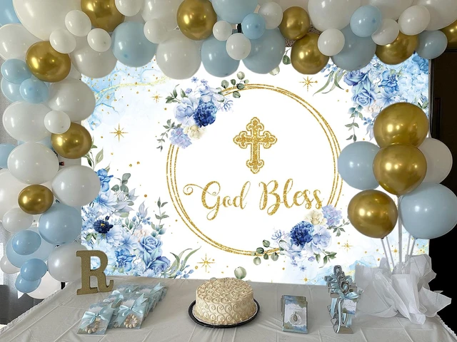 Alt view image 3 of 7 - 8x6ft God Bless Backdrop for Boy First Holy Communion Baptism Background Blue Floral Glitter Christening Party Decorations Banner, Newborn Baby Shower, Photography Banner,Photo Props