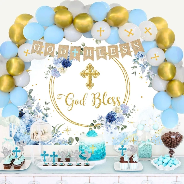 Alt view image 4 of 7 - 8x6ft God Bless Backdrop for Boy First Holy Communion Baptism Background Blue Floral Glitter Christening Party Decorations Banner, Newborn Baby Shower, Photography Banner,Photo Props