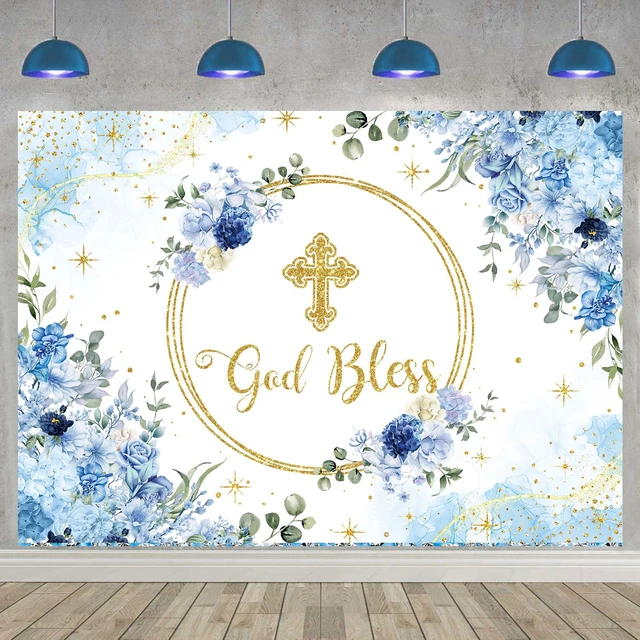 Alt view image 5 of 7 - 8x6ft God Bless Backdrop for Boy First Holy Communion Baptism Background Blue Floral Glitter Christening Party Decorations Banner, Newborn Baby Shower, Photography Banner,Photo Props