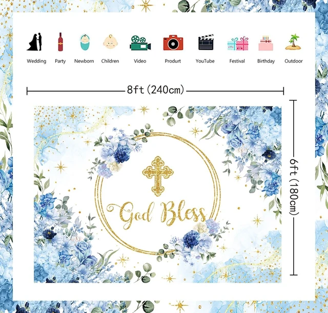 Alt view image 6 of 7 - 8x6ft God Bless Backdrop for Boy First Holy Communion Baptism Background Blue Floral Glitter Christening Party Decorations Banner, Newborn Baby Shower, Photography Banner,Photo Props