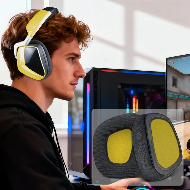 Alt view image 5 of 5 - Mesh Fabric Replacement Earpads for Corsair Void/Void v2/Void Pro/Void Elite/Surround Wired & Wireless RGB USB Gaming Headsets, Ear Pads Cushions with Memory Foam - Black(Yellow Mesh)