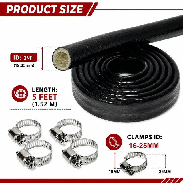 Alt view image 2 of 7 - 3/4" ID Heat Shielded Fire Sleeve w/ 4 Clamps - Black 5FT Silicone Coated Fiberglass Heat Protection for Automotive Hose Lines & Electrical Wiring