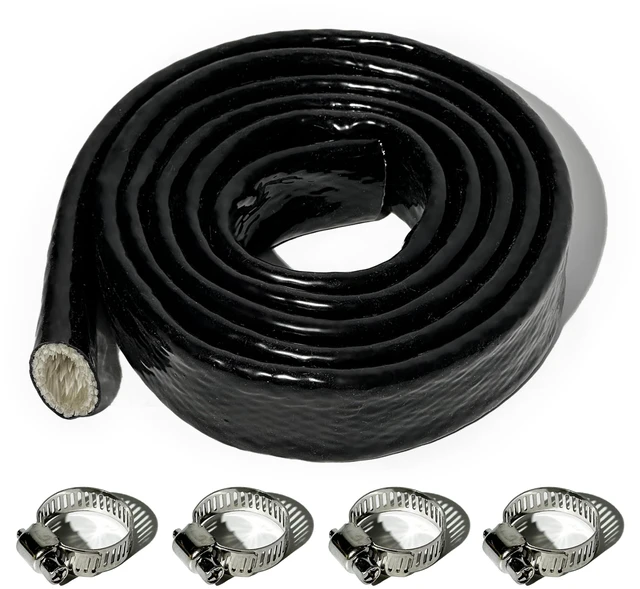 Main image of 3/4" ID Heat Shielded Fire Sleeve w/ 4 Clamps - Black 5FT Silicone Coated Fiberglass Heat Protection for Automotive Hose Lines & Electrical Wiring