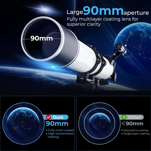 Alt view image 2 of 7 - Telescope for Adults High Powered, 90mm Aperture (36X-270X) 900mm Focal Length Refractor Astronomy Telescopes for Planets and Stars, Professional Telescopio with Bag, Phone Adapter, Tripod