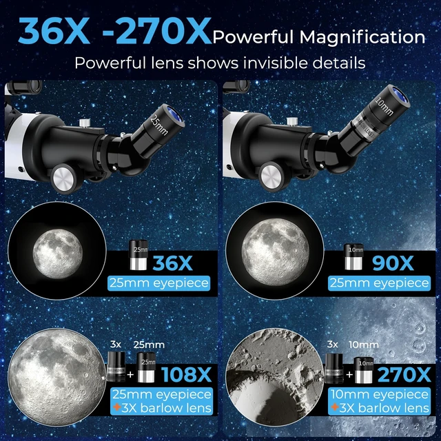 Alt view image 3 of 7 - Telescope for Adults High Powered, 90mm Aperture (36X-270X) 900mm Focal Length Refractor Astronomy Telescopes for Planets and Stars, Professional Telescopio with Bag, Phone Adapter, Tripod