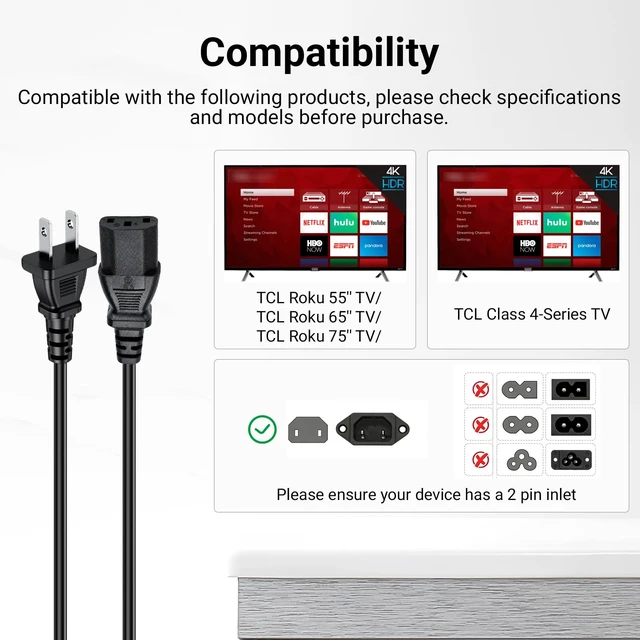 Alt view image 2 of 7 - 4.9Ft AC Power Cord Compatible with TCL Roku 55 65 75 Class 6 Series 4K Smart TV Series R635 55R635 65R625 65R635 75R635 75S431 75S435 75-R635 Mini-LED QLED Dolby Vision HDR