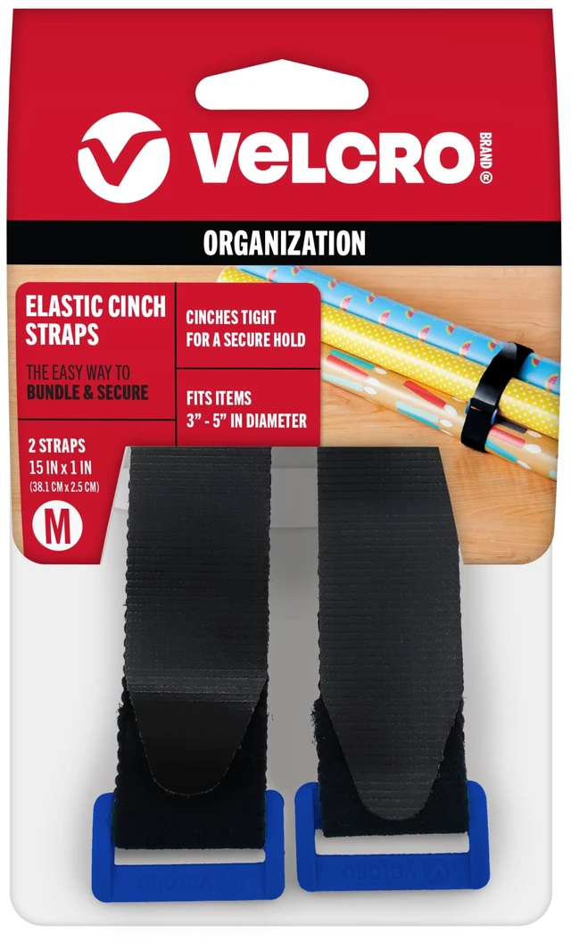 Main image of Elastic Cinch Straps with Buckle, 15in x 1in, Black, 2 Pack Adjustable And Stretchable For A Snug Fit; Fastens Power Cords, Organizes Camping Equipment, Bundles Gear And Supplies