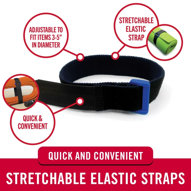 Alt view image 2 of 7 - Elastic Cinch Straps with Buckle, 15in x 1in, Black, 2 Pack Adjustable And Stretchable For A Snug Fit; Fastens Power Cords, Organizes Camping Equipment, Bundles Gear And Supplies