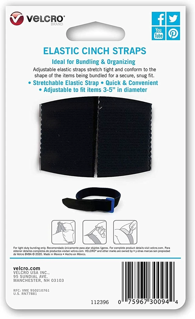 Alt view image 7 of 7 - Elastic Cinch Straps with Buckle, 15in x 1in, Black, 2 Pack Adjustable And Stretchable For A Snug Fit; Fastens Power Cords, Organizes Camping Equipment, Bundles Gear And Supplies