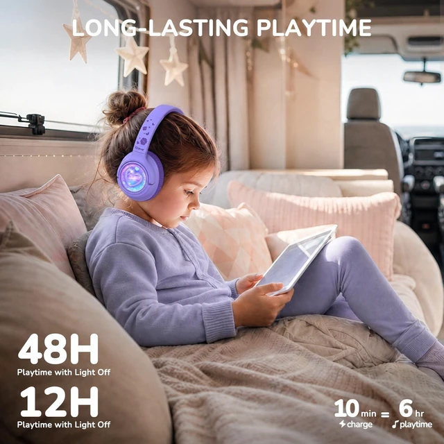 Alt view image 7 of 7 - P550 Kids Bluetooth Headphones LED Lights for Toddler Girls Travel SafeSound Tech3.0, Bluetooth6.0, 48H Playtime, USB C Charging AUX Cable, Over Ear Kids Wireless Headphones for Tablet/PC/Gift