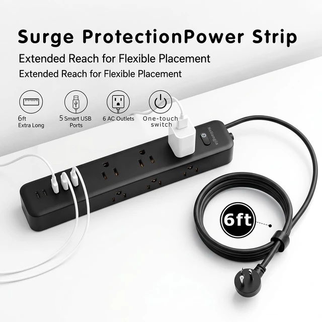 Alt view image 2 of 7 - Surge Protector Power Strip with 9 Outlets and 5 USB Ports (2 USB C), Extension Cord with Multiple Outlets, Flat Plug Power Strip 6 Ft Long for Home Office Desktop (Black, 6FT)
