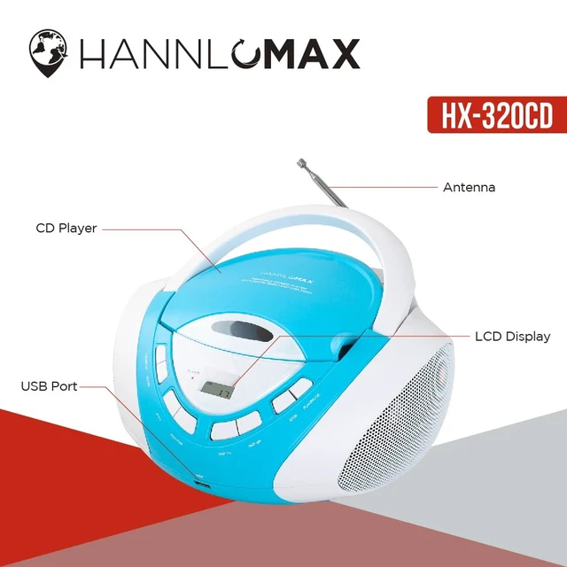 Alt view image 3 of 5 - HX-320CD CD/MP3 Boombox, Radio, USB Port (Blue/White) AM/FM Radio, USB Port for MP3 Playback, LCD Display, Rod Antenna, Aux-in, AC/DC Dual Power Source