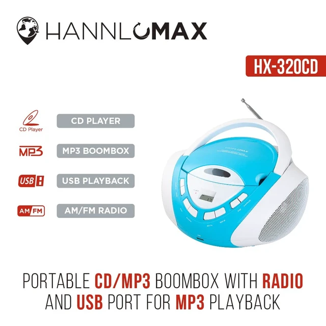 Alt view image 4 of 5 - HX-320CD CD/MP3 Boombox, Radio, USB Port (Blue/White) AM/FM Radio, USB Port for MP3 Playback, LCD Display, Rod Antenna, Aux-in, AC/DC Dual Power Source