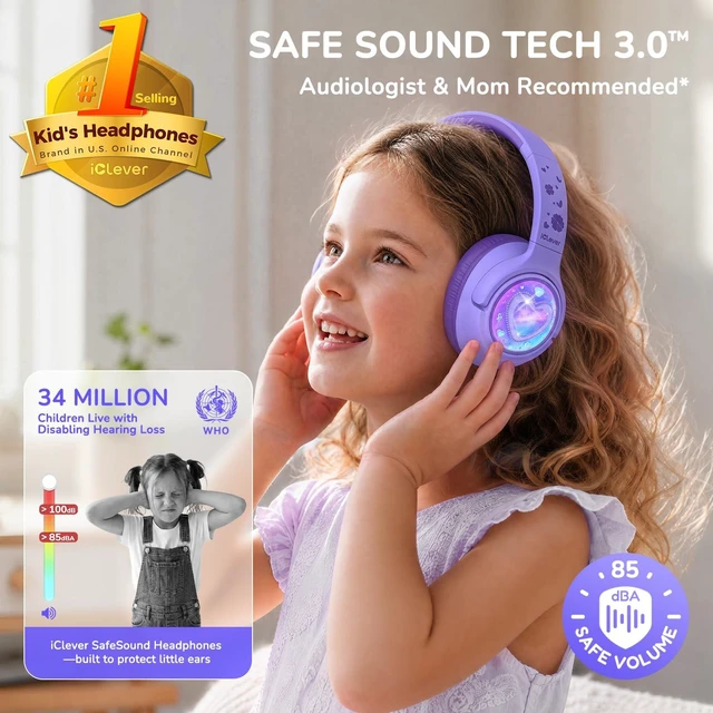Alt view image 2 of 7 - P550 Kids Bluetooth Headphones LED Lights for Toddler Girls Travel SafeSound Tech3.0, Bluetooth6.0, 48H Playtime, USB C Charging AUX Cable, Over Ear Kids Wireless Headphones for Tablet/PC/Gift