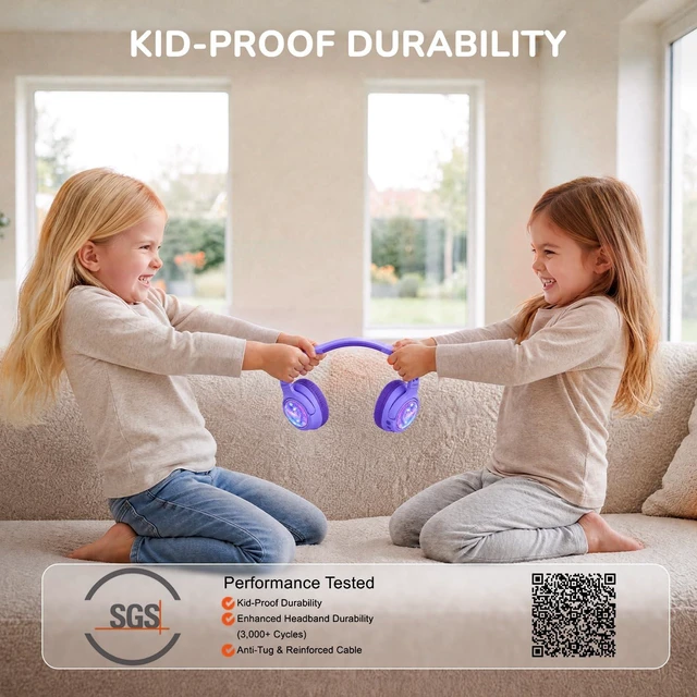 Alt view image 5 of 7 - P550 Kids Bluetooth Headphones LED Lights for Toddler Girls Travel SafeSound Tech3.0, Bluetooth6.0, 48H Playtime, USB C Charging AUX Cable, Over Ear Kids Wireless Headphones for Tablet/PC/Gift