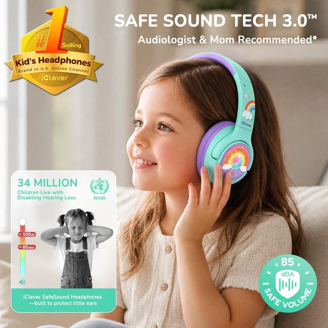 Alt view image 2 of 7 - P550 Kids Bluetooth Headphones LED Lights for Toddler Girls Travel SafeSound Tech3.0, Bluetooth6.0, 48H Playtime, USB C Charging AUX Cable, Over Ear Kids Wireless Headphones for Tablet/PC/Gift