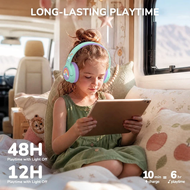 Alt view image 7 of 7 - P550 Kids Bluetooth Headphones LED Lights for Toddler Girls Travel SafeSound Tech3.0, Bluetooth6.0, 48H Playtime, USB C Charging AUX Cable, Over Ear Kids Wireless Headphones for Tablet/PC/Gift