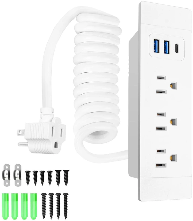 Main image of Drawer Charging Station with Outlet Extender, 5FT Spring Cable - White 3 AC Outlets, 2 USB-A & 1 USB-C Charging, Flexible Spring Cable, Flame Retardant Material, Drawer Installation