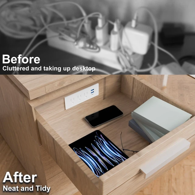 Alt view image 5 of 7 - Drawer Charging Station with Outlet Extender, 5FT Spring Cable - White 3 AC Outlets, 2 USB-A & 1 USB-C Charging, Flexible Spring Cable, Flame Retardant Material, Drawer Installation