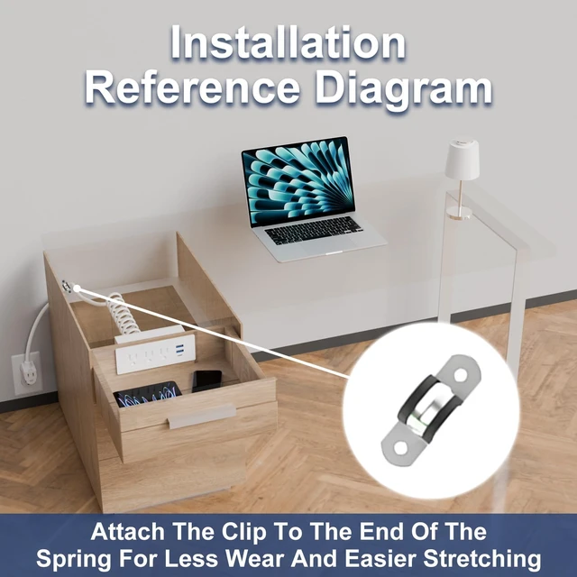 Alt view image 6 of 7 - Drawer Charging Station with Outlet Extender, 5FT Spring Cable - White 3 AC Outlets, 2 USB-A & 1 USB-C Charging, Flexible Spring Cable, Flame Retardant Material, Drawer Installation