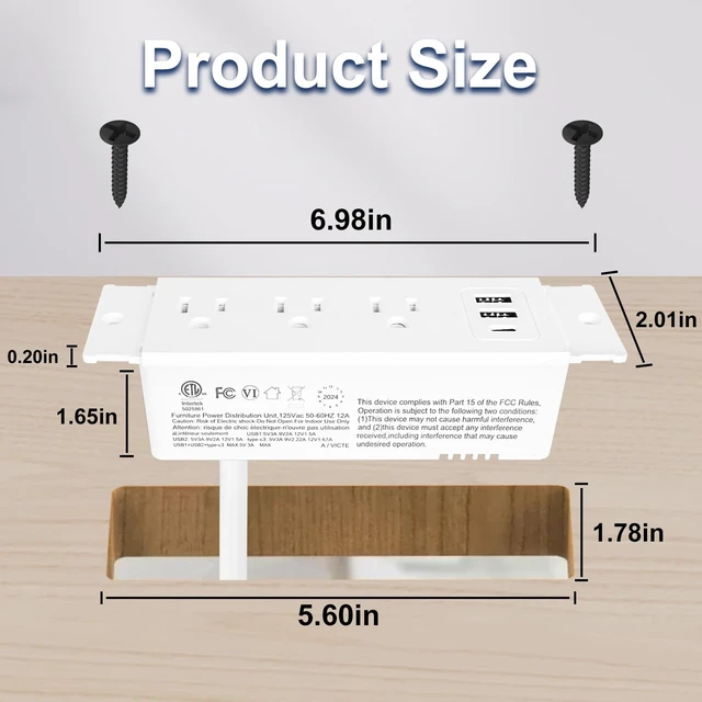 Alt view image 7 of 7 - Drawer Charging Station with Outlet Extender, 5FT Spring Cable - White 3 AC Outlets, 2 USB-A & 1 USB-C Charging, Flexible Spring Cable, Flame Retardant Material, Drawer Installation