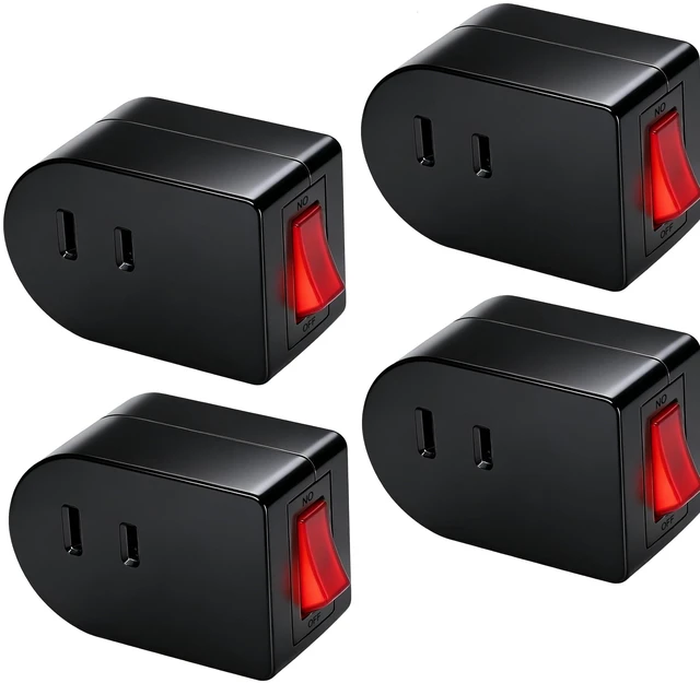 Main image of 2 Prong Outlet Extender with ON/Off Switch (4 Pack), Single Port Plug-in Switch for Outlet Adapter Wall Plug, 15A 125V AC for Kitchen, Christmas Lights,Lamp,Table Fans,Home,Travel, ETL Listed,Black