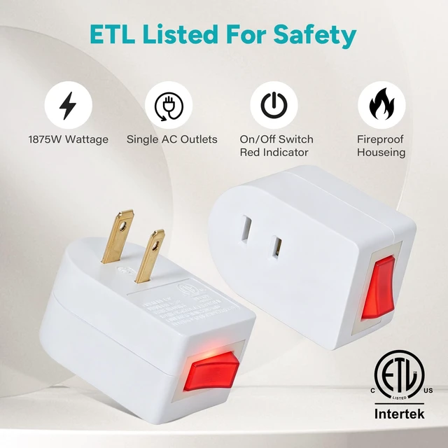 Alt view image 5 of 7 - 2 Prong Outlet Extender with ON/Off Switch (4 Pack), Single Port Plug-in Switch for Outlet Adapter Wall Plug, 15A 125V AC for Kitchen, Christmas Lights,Lamp,Table Fans,Home,Travel, ETL Listed,White