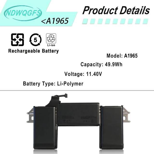 Alt view image 2 of 7 - A1965 A1932 A2179 Battery Replacement for MacBook Air 13 inch Retina (Late 2018 2019) A2179 (Early 2020) EMC 3184 3302 MacBook Air8,1 8,2 9,1 MRE82LL/A MRE92LL/A MVFH2LL/A MVFM2LL/A MRE82B/A