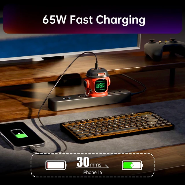 Alt view image 2 of 7 - Dipow 65W USB-C GaN Charger with Pixel Display, Foldable, Red Compact Power Adapter for iPhone, Galaxy, Pixel, MacBook Air & iPad