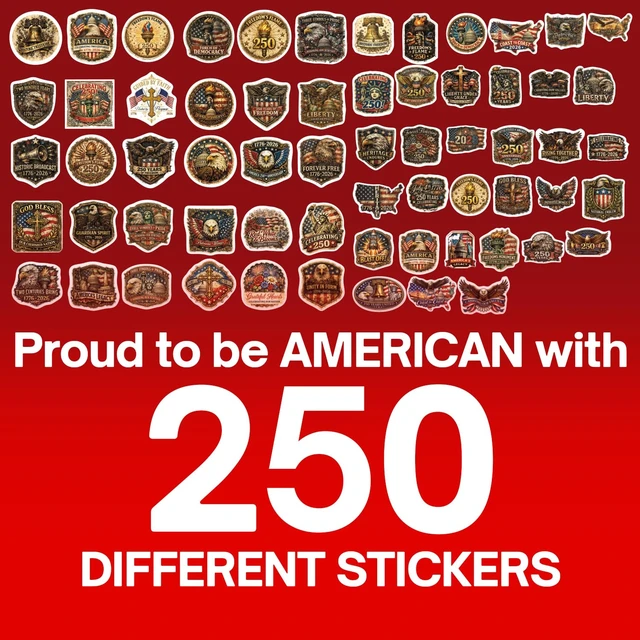 Alt view image 2 of 7 - Premium 250 Pcs United States 250th Anniversary Stickers, 250 Unique Designs USA Waterproof Vinyl Decals for Laptop, Water Bottle, Phone, Luggage, Scrapbook & Independence Day Gifts